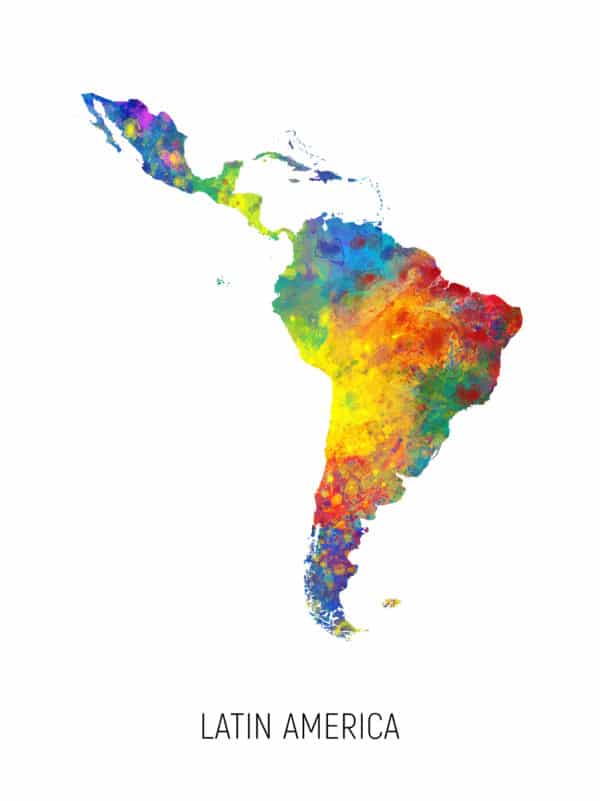 Latin America Watercolor Map unique digital wall art canvas framed prints