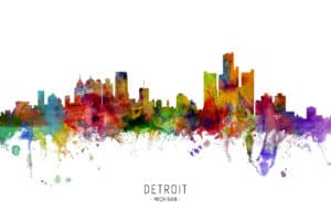 Detroit Michigan Skyline unique digital wall art canvas framed prints