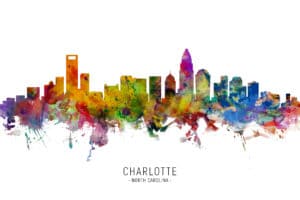 Charlotte North Carolina Skyline unique digital wall art canvas framed prints