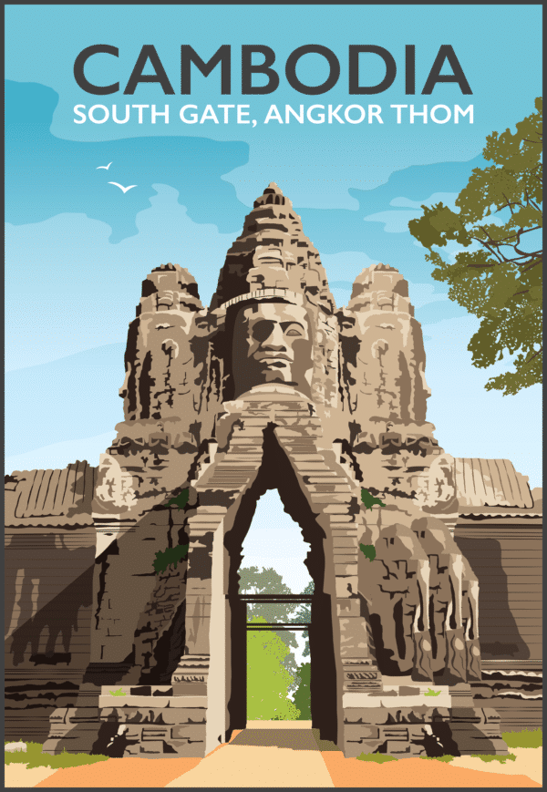 Angkor Wat, South gate, angkor thom, Cambodia rustic digital canvas wall art print
