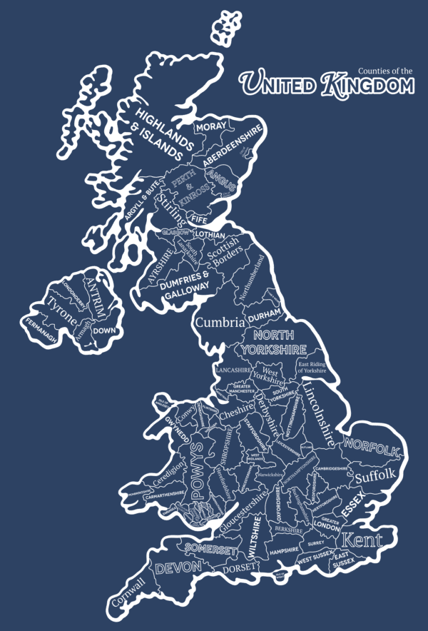 UK County Map rustic digital canvas wall art print