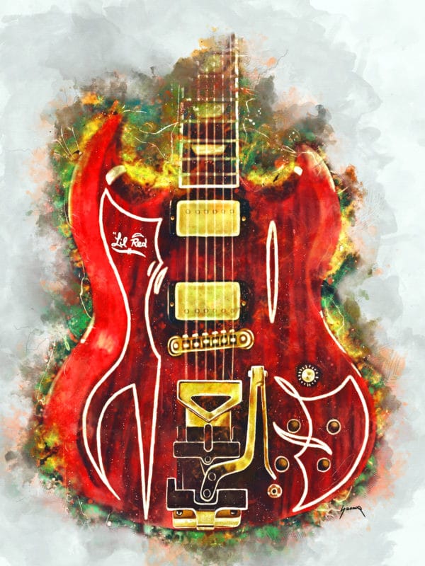 billy gibbons' red guitar digital canvas artwork prints